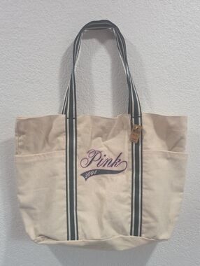 PINK Victoria's Secret 2004 Canvas Tote Bag - Cream with Black Straps